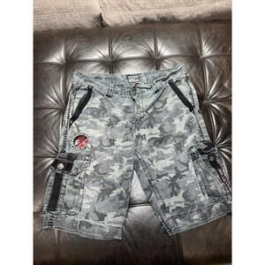 Affliction Gray Camo Cargo Shorts Men's Size 36 Cotton Embroidered Pockets Y2K